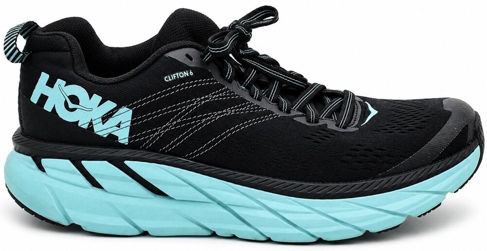 HOKA Clifton 6 Women Running Shoes Size 8 Black Blue Cushioned Athletic Sneakers
